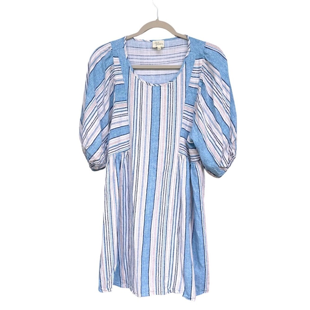 Ava James Blue Striped Puff Sleeve Babydoll Tunic Dress Womens‎ Medium M